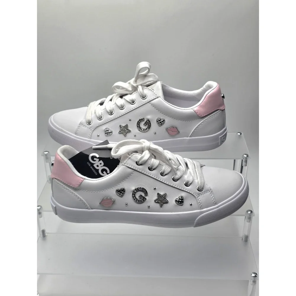 GBG Los Angeles White Pink Lace Up Sneakers with Logo, Star, size 7.5M